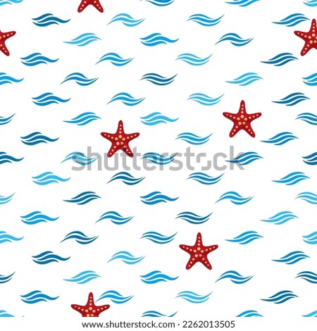 Starfish over blue white wavy water ripples, sea star vector seamless pattern. Caribbean underwater animal. Starfish  echinoderms invertebrate wildlife creature. Aquatic animal on waves.