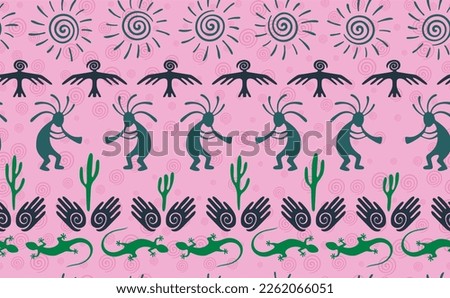 Kokopelli with flute, pangolin, hawk, volute sun, hands and cactus tribal vector seamless pattern. Aztec fertility god motif. Kokopelli powwow design. Southwestern ethnic pattern. Animals motif.