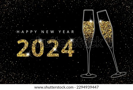 2024 Happy New Year. Champagne glasses vector illustration. Restaurant glassware. Bubbly in glass. Champagne glasses, fizzy champaign in goblet. Holiday golden glitter confetti. 2043 New Year