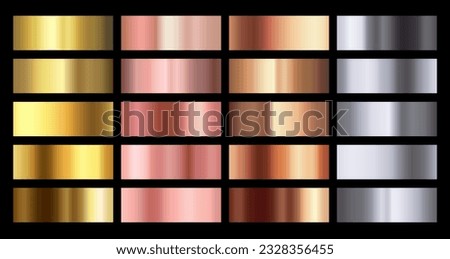 Golden, silver, bronze, rose gold gradients vector set. Metallic foil texture silver, steel, chrome, platinum, copper, bronze, pink gold gradient swatches. Shiny metallic collection graphic design