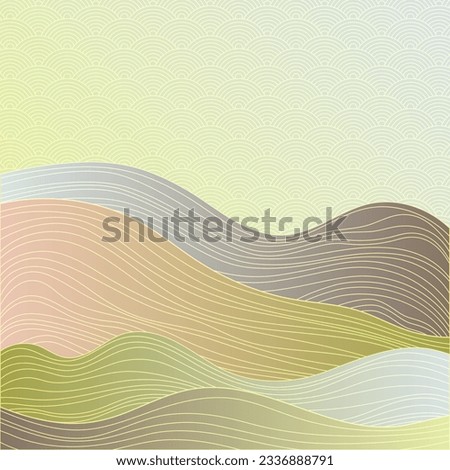 Chinese style landscape with traditional sky clouds pattern. Mountain hills, wave lines texture asian vector background. Minimalist hills, clouds sky chinese pattern. x Moire curve lines pattern.