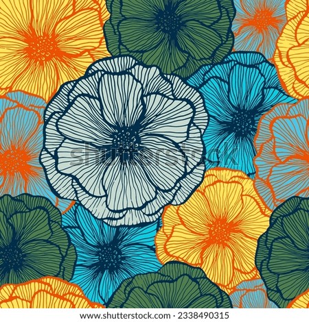 Pretty poppy floral summer vector seamless pattern. Marker line texture blossom petals. Field poppy flower textile print design. Awesome garden flower ornament. Flat graphic illustration.