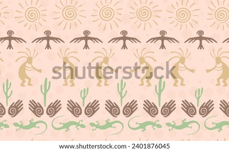 Kokopelli with flute, lizard, bird, spiral sun, hands and cactus ethnic vector seamless pattern. Anasazi fertility god motif. Kokopelli powwow design. Aboriginal ethnic pattern. Nature motif.