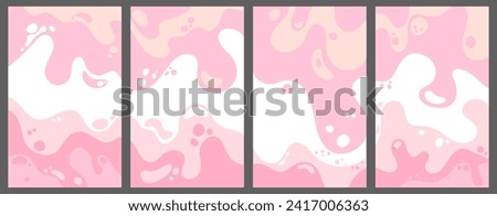 Melting ice cream or milk shake backgrounds with liquid splashes. Fluid yogurt splash backdrop set. Sweet dessert strawberry or cherry cream backgrounds for cover pages, icecream packaging. Pink white