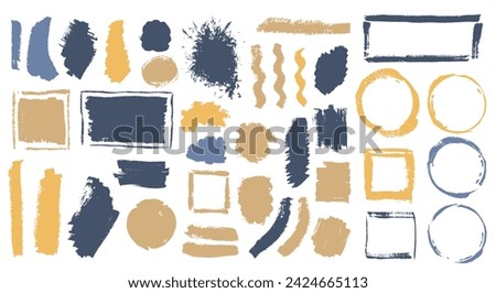 Gouache dry daub vector set. Hand drawn border box casual elements. Drop splash web sticker stencil batch. Brushstroke watercolor stains design.