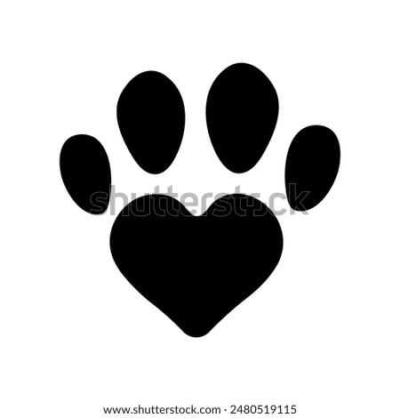 Heart shaped pet paw print vector logo design. Cat or dog paw print with 4 fingers and heartshapes base. Vet clinic logo clipart.