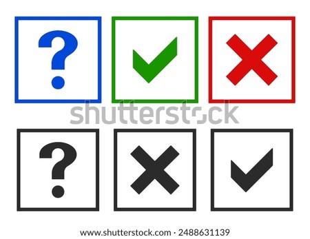 Question, X cross and tick check marks, approval signs design. Yes X and OK symbol icons in square check boxes. Check list marks, choice options, test, quiz or survey signs.