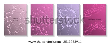 Biotechnology and neuroscience vector covers with neuron cells structure. Curly curve lines pattern backgrounds. Futuristic brochure vector layouts. Anatomy, biology, medicine covers.