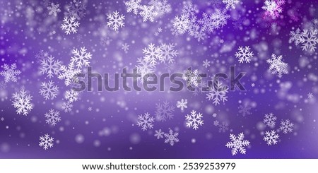 Beautiful flying snowflakes wallpaper. Wintertime fleck freeze elements. Snowfall sky white purple design. Blurred snowflakes december texture. Snow hurricane landscape.