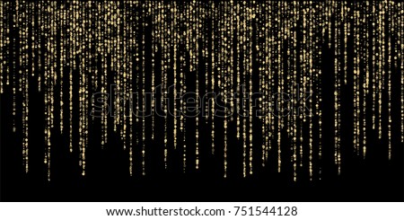 Golden dust falling down, flying circle confetti vertical lines. Sparkle dots, round tinsels celebration design. Holiday lights, gold garlands.