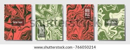 Marble texture vector invitation or journal template. Rich marble suminagashi or ebru effect, watercolor, oil or paint splashes texture background. Journal covers graphic design in red and green.