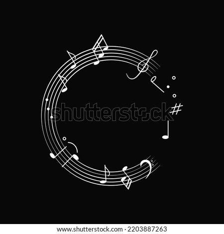 Music background doodle notes as round frame. Vector illustration with melody symbols, musical notes, treble clef in white on black background for design decoration.