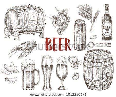 Beer in capacious glasses, wooden barrels and bottles with labels. Boiled crayfish, crispy chips and salty cracker as snack vector illustrations.