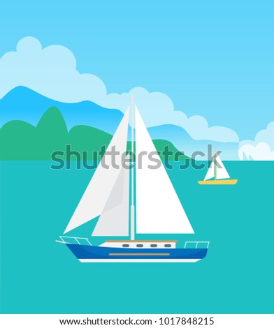 Two pretty sailboats, color vector illustration with pair of blue and yellow vessels, round clouds, shiny day, calm sea, green mountains silhouette