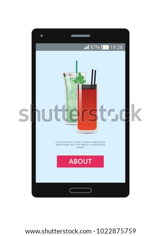 Two cocktails pictures on smartphone`s display, vector illustration of red drink with two black straws and mint, green liquid with lot of square ice