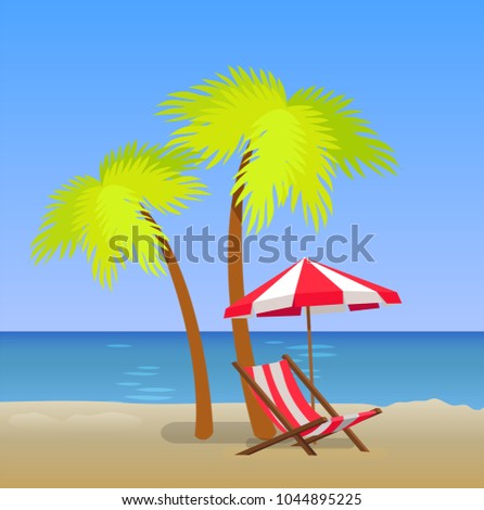 Tropical beach with chaise lounge under pam trees, striped umbrella and sunbed on coastline, vector illustration of summer time landscape, sea and sand