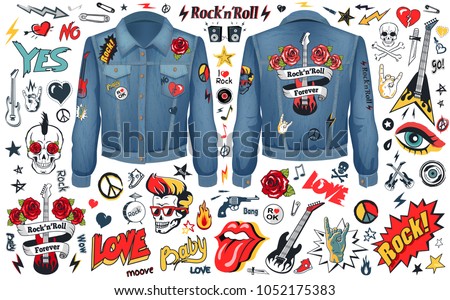 Rock-n-Roll theme set of stripes on jacket with skull, guitars hippie logos and signs of horns. Vector illustration with rock music symbols on white. Rocknroll concept