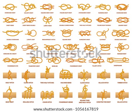 All types of knots demonstrated with strong rope. Strong and complicated knots with names. Rope tied over wooden plank isolated vector illustrations.