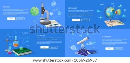 Natural sciences course promotional posters set. Biology classes, geography lectures, chemistry lessons and astronomy course vector illustrations.