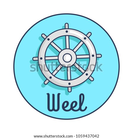 Vector illustration of shipwheel and black inscription of word wheel placed below it. Circle banner with light blue background.