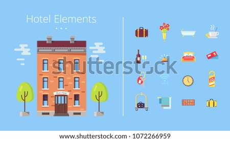 Hotel elements building with trees and clouds, icons of baggage and flower, bath and coffee, wine and keys, clock and bed vector illustration