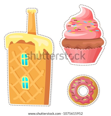 Cartoon sweets stickers or icons set. Colorful cupcake with cream and glazed donut flat vector isolated on white background. Waffle cake house with chimney illustration outlined with dotted line