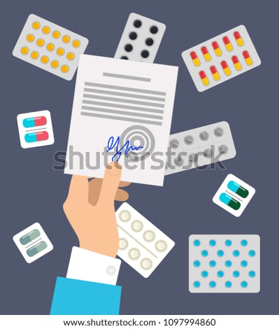 Prescription from doctor on paper with blue seal, held by man hand, lots of pills blisters around, medical treatment and cure vector illustration
