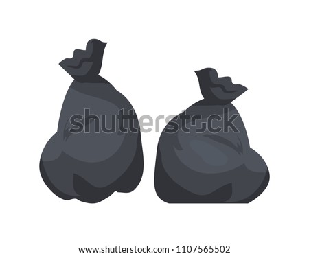 Packages with garbage vector illustration of big black plastic bags with wastes isolated on white background. Packs full of rubbish, packets and litter