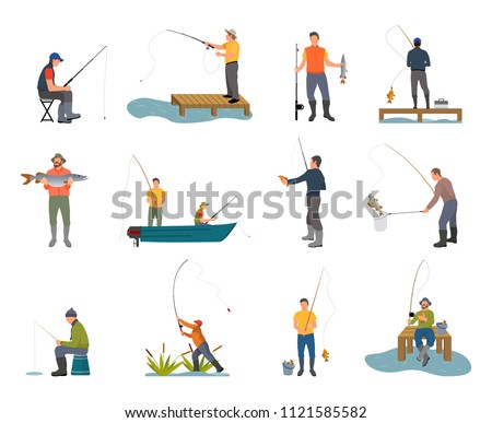 Fishers with fishing rod set. People sitting on wooden pier, in boat leading active style of life. Fish catchers with rod help vector illustration