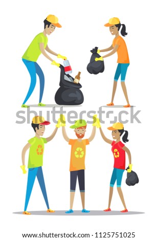 Woman and man happily working, volunteering and picking up garbage, good job high-five of conscientious people set isolated on vector illustration