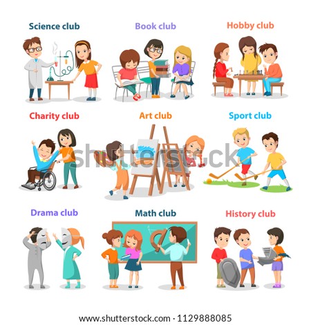 Set of different clubs for school children card isolated on white, vector illustration of art math science sport book and drama sections, happy kids