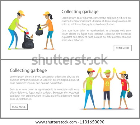 Collecting garbage web set with text sample, volunteering of people, picking up litter and garbage, internet sites collection vector illustration