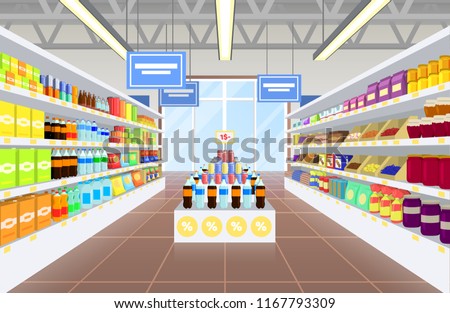 Supermarket and products poster diversity of items, plastic bottles with sweet water, jars with jams, packages with milk and juice vector illustration