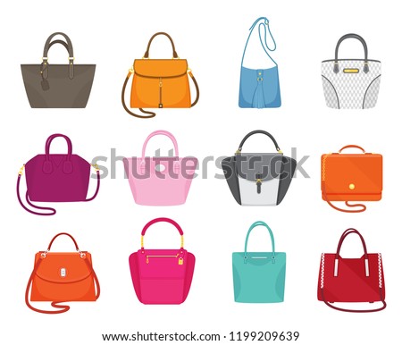 Women handbags collection of fashionable items isolated icons set vector. Bags with zippers and pockets, handles and adjustable shoulder straps lace