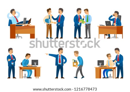 Boss professional leader of company firing man and giving official rebuke to worker vector. Director resting in office, supervisor of novice newbie