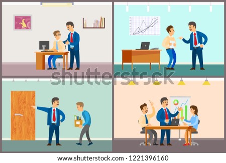 Boss and employee interaction, office work routine. Good or bad job, clerk dismissal and business meeting at conference room vector illustrations.