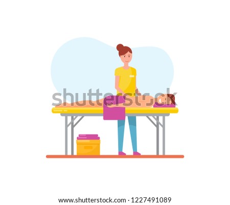 Massage therapy woman masseuse working with pleasure man relaxing on table vector. Person with towel get professional treatment of massage specialist