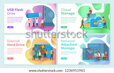 USB flash storage cloud, attached network memory posters set. People working on improving devices, media data store on hard drive disk of laptop pc