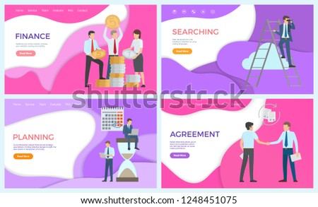 Finance searching of investors and new business ideas vector. Planning workers, deadline and calendar, agreement of partners holding signed contract