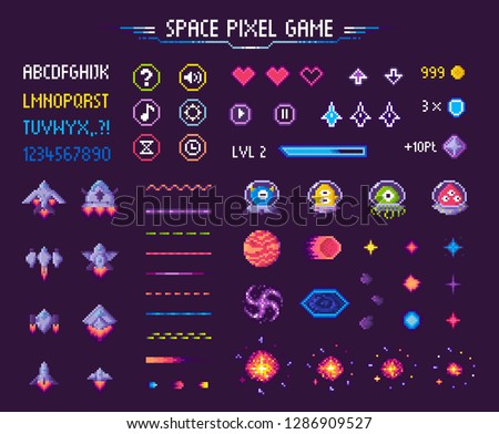 Space pixel game isolated vector icons font and cosmic characters. Arrows and hearts spaceship and aliens stars and planets, score points and meteorite. Arcade games elements. Video platform interface