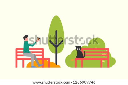 Man sitting on bench and holding bird in hands. Black cat on wooden seat in park. Autumn landscape, green trees, vector in flat design isolated