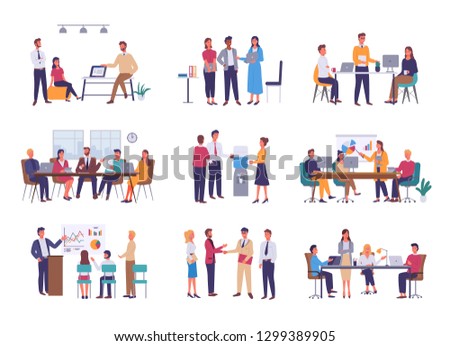 Teamwork or team building, office business meeting vector. Conference and brainstorming, annual report and statistics graphics, discussion and planning in flat style