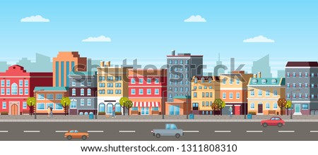 Urban landscape with infographic elements. Modern city, running cars on road, going pedestrians, colorful buildings, cloudy sky, 3d panoramic view vector