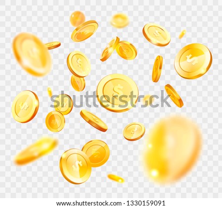 Realistic Gold coins vector, money falling down, American currency isolated on transparent background, finances and assets, wealth and richness, big capital