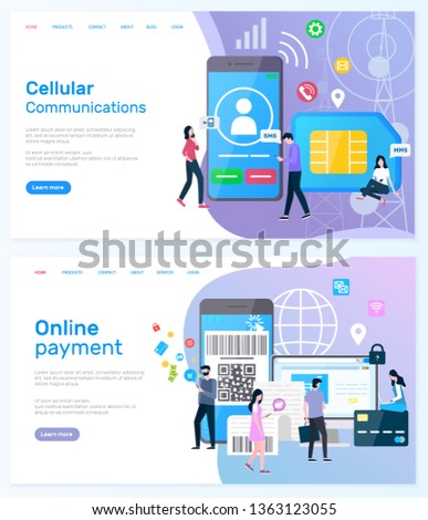 Online payment vector, people using smarphones to buy things, and modern shopping, cellular communication and innovative networks users set. Website or webpage template, landing page flat style