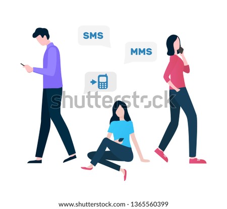 Cellular communication vector, woman and man using innovative gadgets and services, sms and MMS person with mobile phone online talks conversations