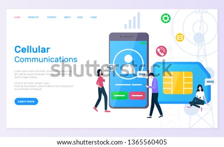 Cellular communication vector, people with smartphone screen showing profile of user and calling icon, sim card messaging and texting call cell. Website or webpage template, landing page flat style