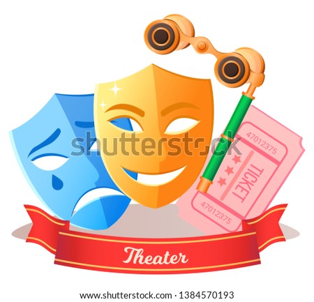 Theater poster with performance objects, emotion mask crying and smiling, theaters mask melpomene and thalia, ticket and retro glasses. Masquerade decorations, coupon and spectacles vector