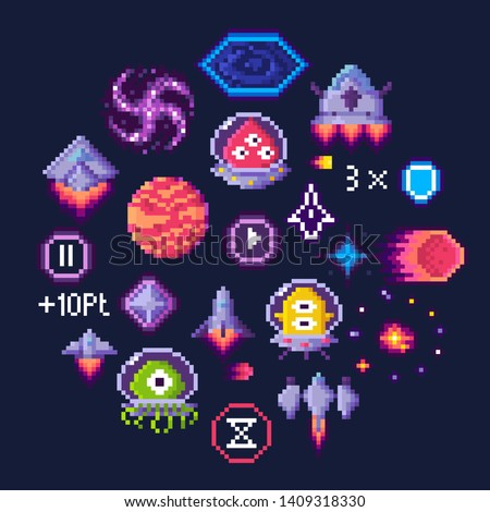 Pixel game icons vector, planet and spaceship, aliens in uniforms. Hourglass and button, transport and black hole, pixelated points and shield sign with number