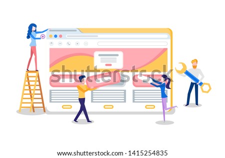 Web site creation, browser and online page, Internet tab. Programmer adding details to website, woman on ladder and man with wrench vector illustration